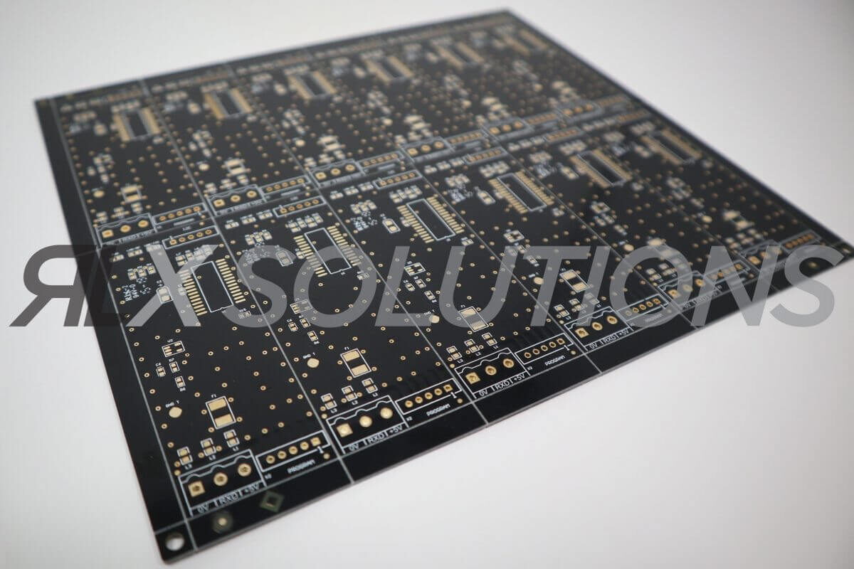 Multi-up RLX green PCB production panel with dense SMT footprints