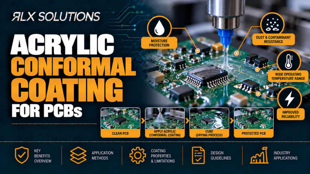 RLX Solutions cover graphic for Acrylic Conformal Coating for PCBs, showing printed circuit board imagery