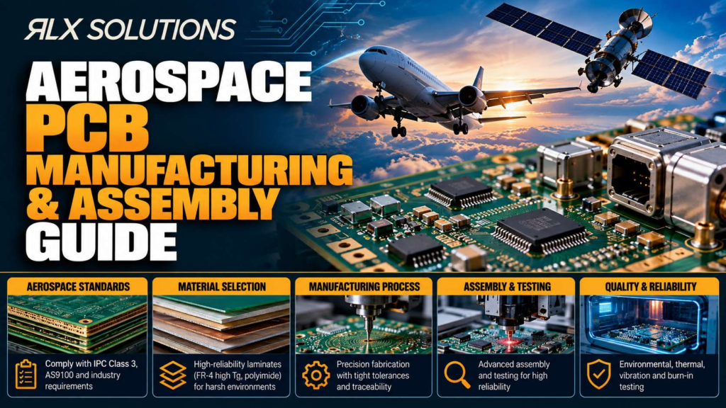 RLX Solutions cover graphic for Aerospace PCB Manufacturing & Assembly Guide, showing printed circuit board imagery