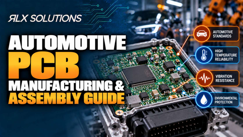 RLX Solutions cover graphic for Automotive PCB Manufacturing & Assembly Guide, showing printed circuit board imagery