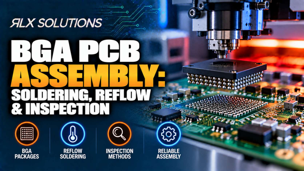 RLX Solutions cover graphic for BGA PCB Assembly: Soldering, Reflow & Inspection, showing printed circuit board imagery