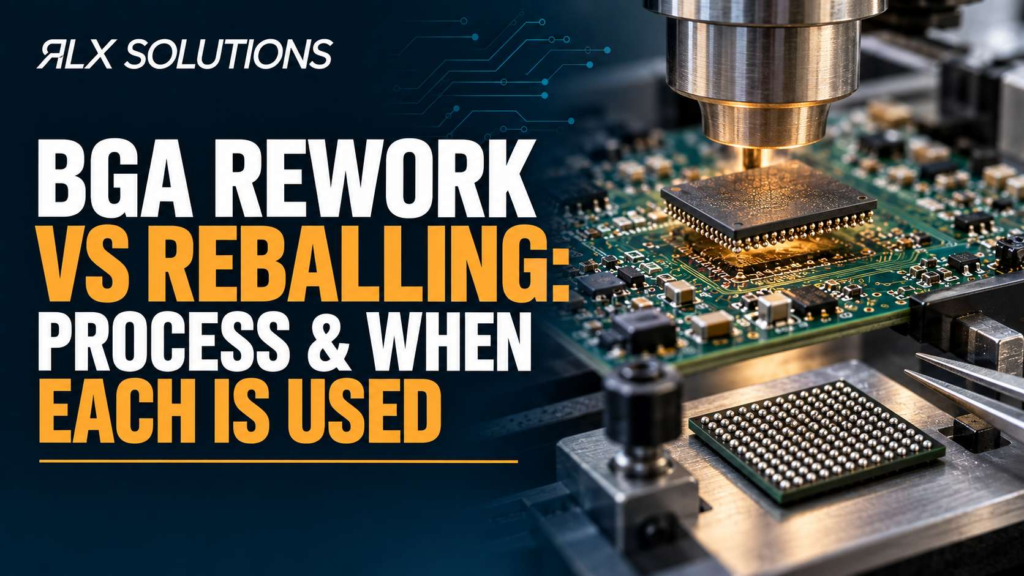RLX Solutions cover graphic for BGA Rework vs Reballing: Process & When Each Is Used, showing printed circuit board imagery