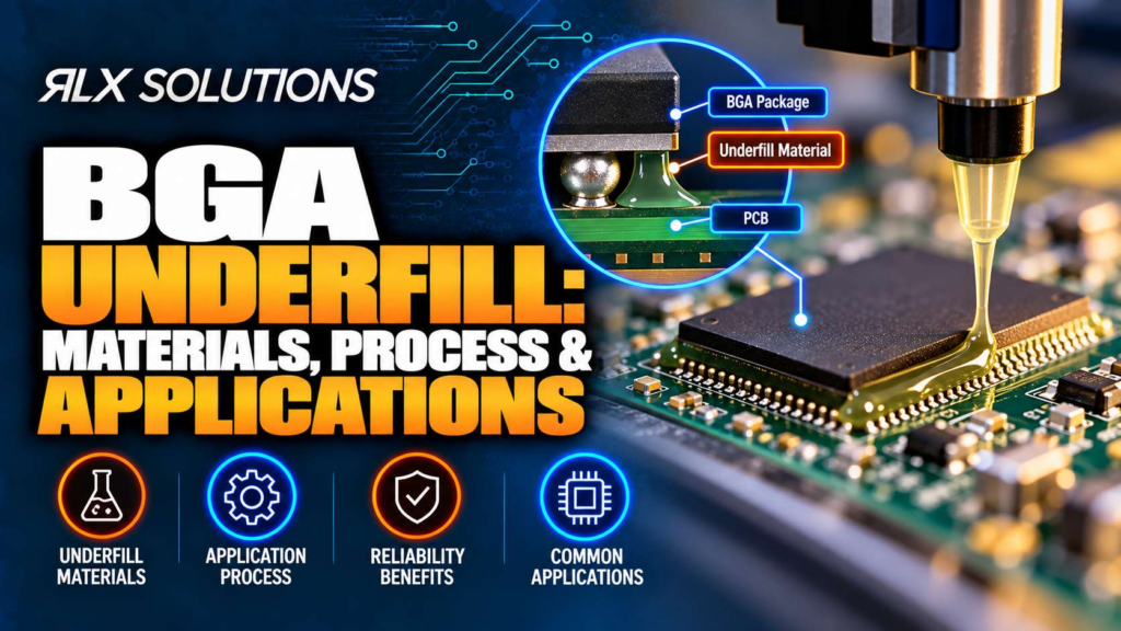 RLX Solutions cover graphic for BGA Underfill: Materials, Process & Applications, showing printed circuit board imagery
