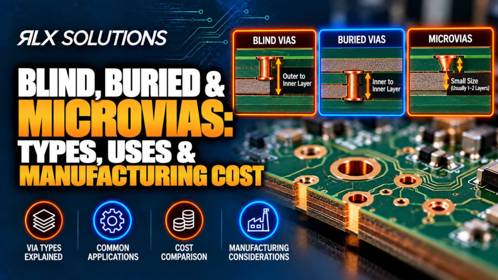 RLX Solutions cover graphic for Blind, Buried & Microvias: Types, Uses & Manufacturing Cost, showing printed circuit board imagery