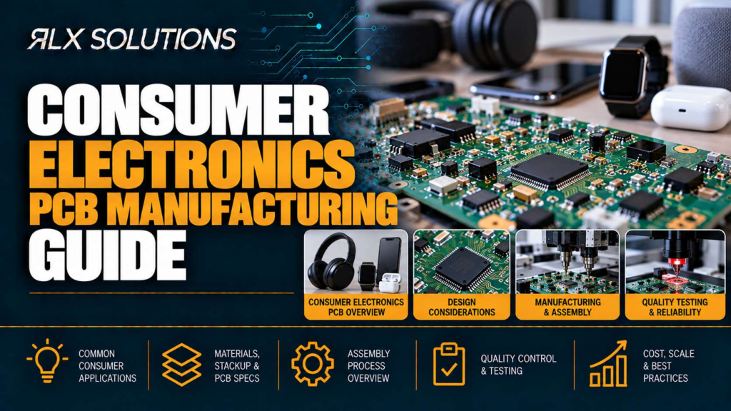RLX Solutions cover graphic for Consumer Electronics PCB Manufacturing Guide, showing printed circuit board imagery