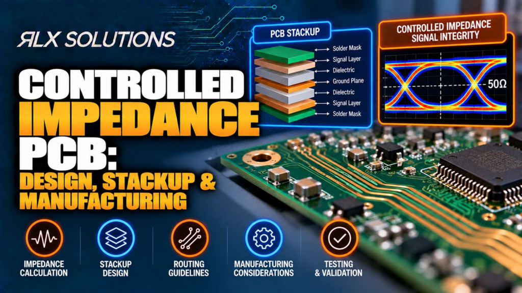 RLX Solutions cover graphic for Controlled Impedance PCB: Design, Stackup & Manufacturing, showing printed circuit board imagery