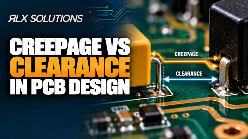 RLX Solutions cover graphic for Creepage vs Clearance in PCB Design, showing printed circuit board imagery