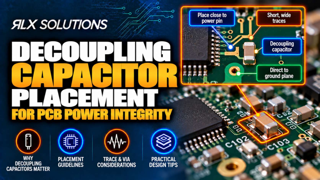 RLX Solutions cover graphic for Decoupling Capacitor Placement for PCB Power Integrity, showing printed circuit board imagery