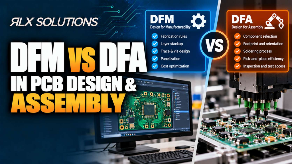 RLX Solutions cover graphic for DFM vs DFA in PCB Design & Assembly, showing printed circuit board imagery