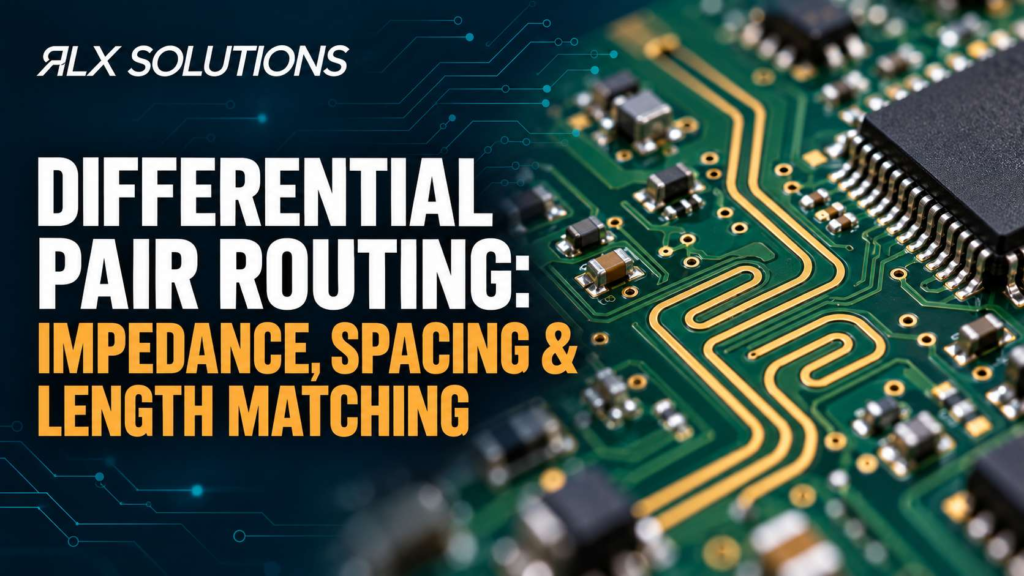 RLX Solutions cover graphic for Differential Pair Routing: Impedance, Spacing & Length Matching, showing printed circuit board imagery