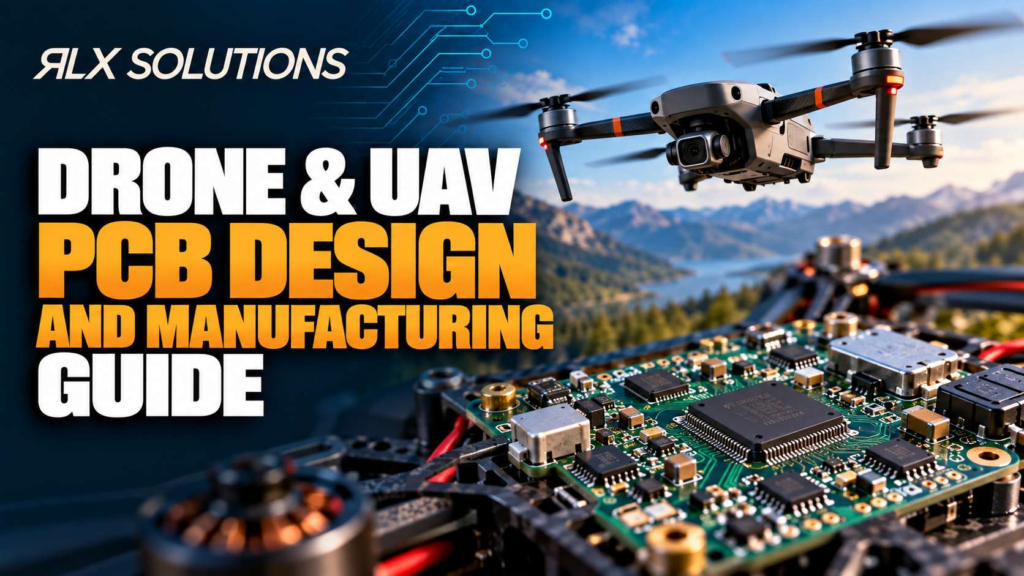 RLX Solutions cover graphic for Drone & UAV PCB Design and Manufacturing Guide, showing printed circuit board imagery