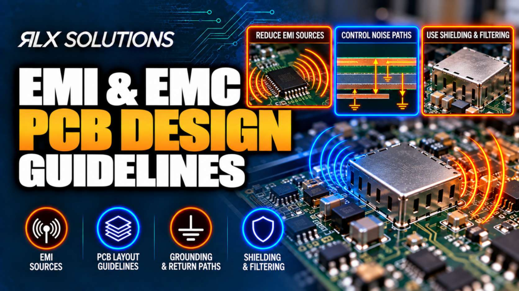 RLX Solutions cover graphic for EMI & EMC PCB Design Guidelines, showing printed circuit board imagery