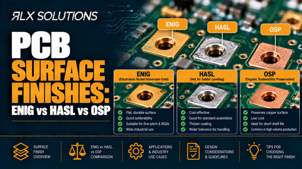 RLX Solutions cover graphic for PCB Surface Finishes: ENIG vs HASL vs OSP, showing printed circuit board imagery
