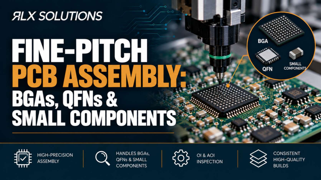 RLX Solutions cover graphic for Fine-Pitch PCB Assembly: BGAs, QFNs & Small Components, showing printed circuit board imagery