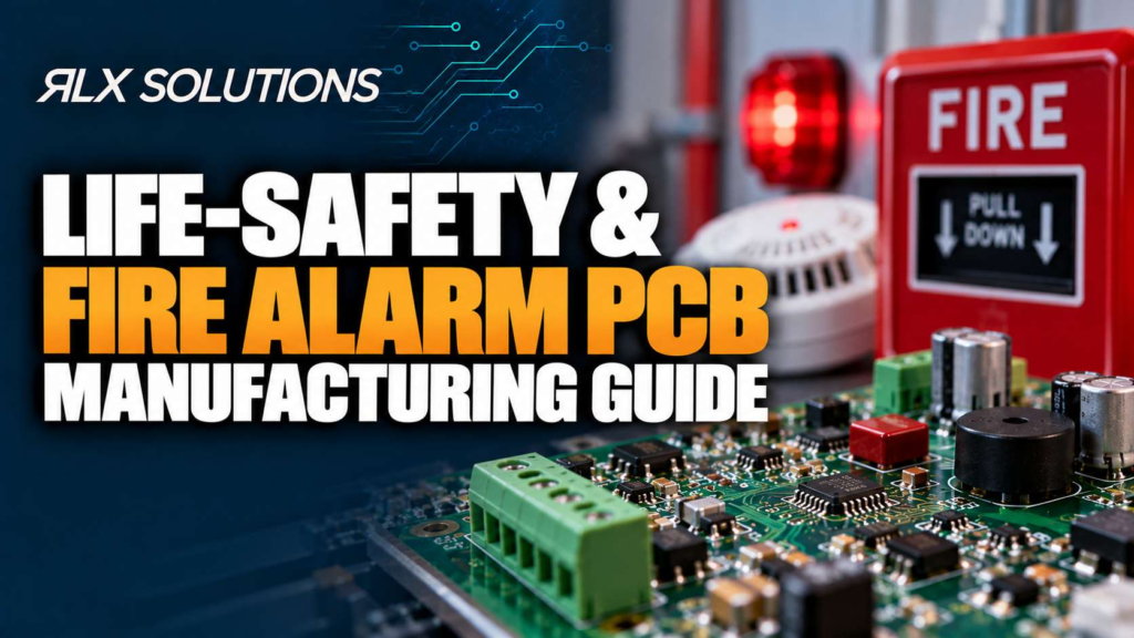 RLX Solutions cover graphic for Life-Safety & Fire Alarm PCB Manufacturing Guide, showing printed circuit board imagery