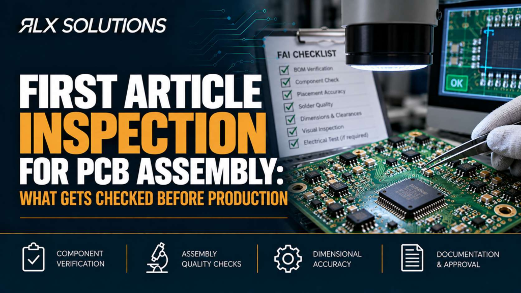 RLX Solutions cover graphic for First Article Inspection for PCB Assembly: What Gets Checked Before Production, showing printed circuit board imagery