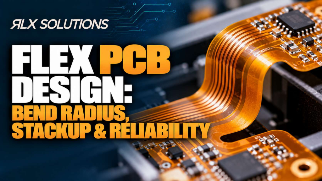 RLX Solutions cover graphic for Flex PCB Design: Bend Radius, Stackup & Reliability, showing printed circuit board imagery