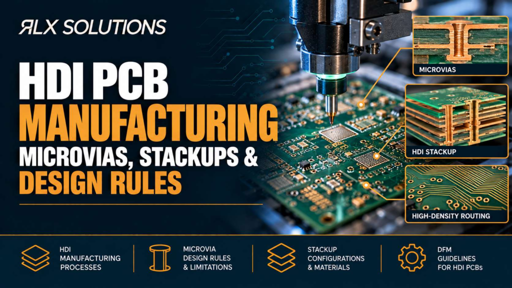 RLX Solutions cover graphic for HDI PCB Manufacturing: Microvias, Stackups & Design Rules, showing printed circuit board imagery