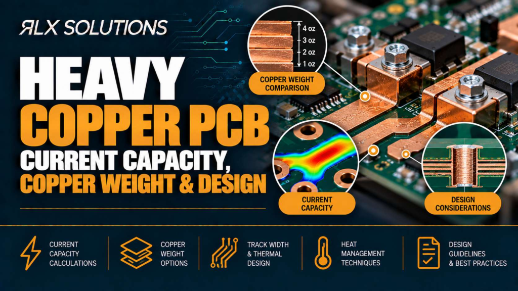 RLX Solutions cover graphic for Heavy Copper PCB: Current Capacity, Copper Weight & Design, showing printed circuit board imagery