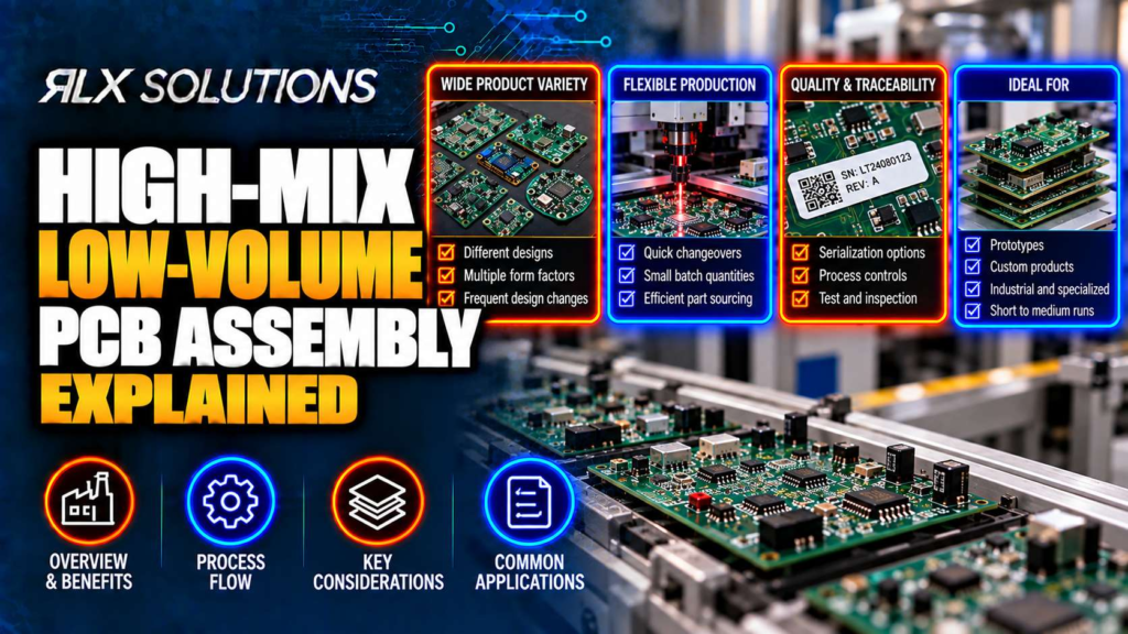 RLX Solutions cover graphic for High-Mix Low-Volume PCB Assembly Explained, showing printed circuit board imagery