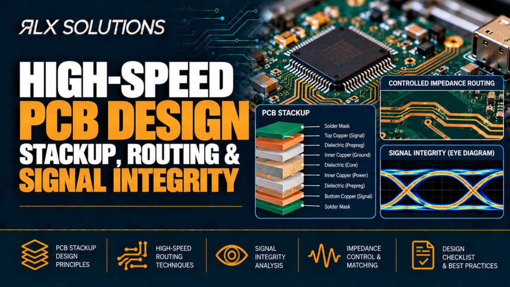 RLX Solutions cover graphic for High-Speed PCB Design: Stackup, Routing & Signal Integrity, showing printed circuit board imagery