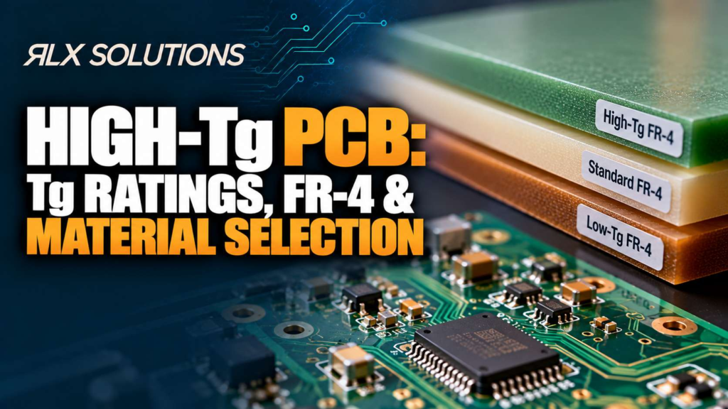 RLX Solutions cover graphic for High-Tg PCB: Tg Ratings, FR-4 & Material Selection, showing printed circuit board imagery