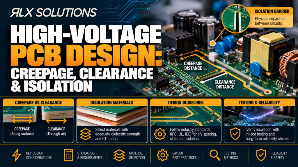 RLX Solutions cover graphic for High-Voltage PCB Design: Creepage, Clearance & Isolation, showing printed circuit board imagery