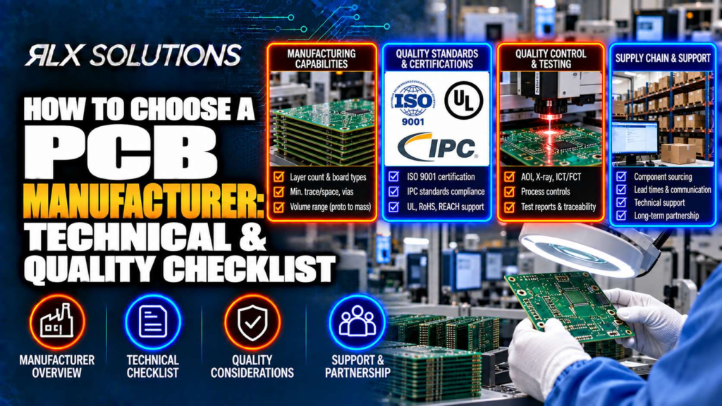RLX Solutions cover graphic for How to Choose a PCB Manufacturer: Technical & Quality Checklist, showing printed circuit board imagery