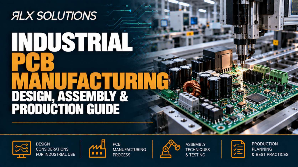 RLX Solutions cover graphic for Industrial PCB Manufacturing: Design, Assembly & Production Guide, showing printed circuit board imagery