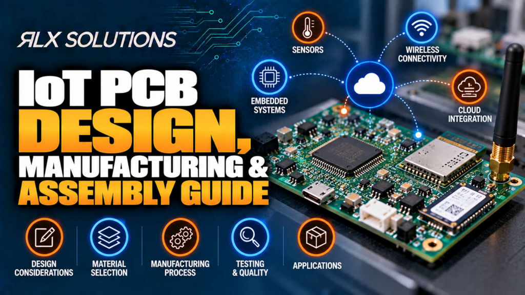 RLX Solutions cover graphic for IoT PCB Design, Manufacturing & Assembly Guide, showing printed circuit board imagery