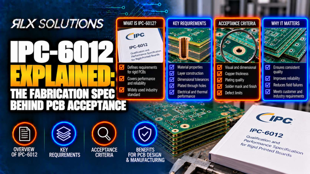 RLX Solutions cover graphic for IPC-6012 Explained: The Fabrication Spec Behind PCB Acceptance, showing printed circuit board imagery