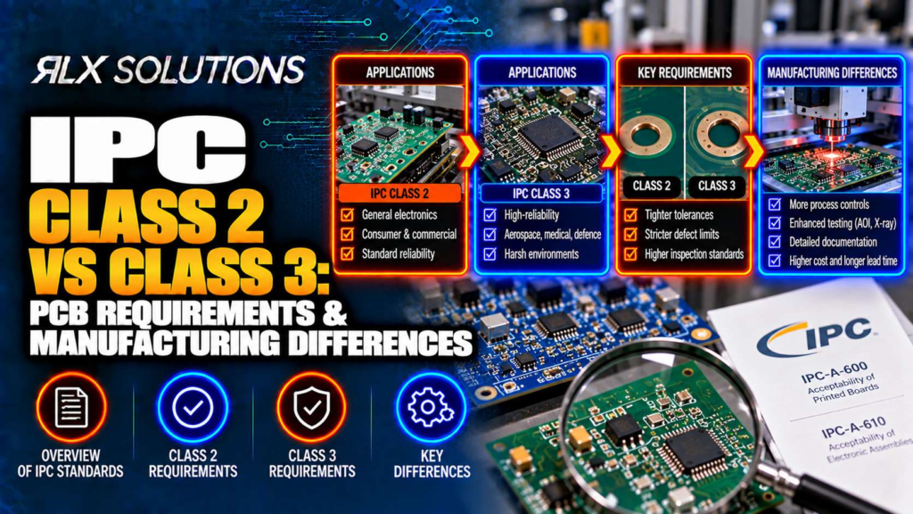 RLX Solutions cover graphic for IPC Class 2 vs Class 3: PCB Requirements & Manufacturing Differences, showing printed circuit board imagery