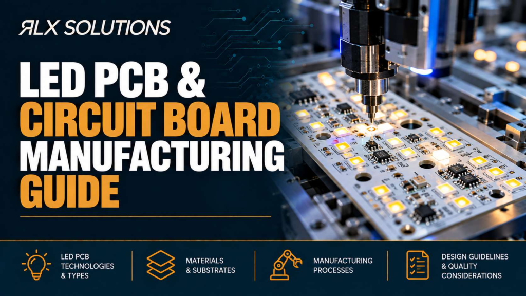 RLX Solutions cover graphic for LED PCB & Circuit Board Manufacturing Guide, showing printed circuit board imagery