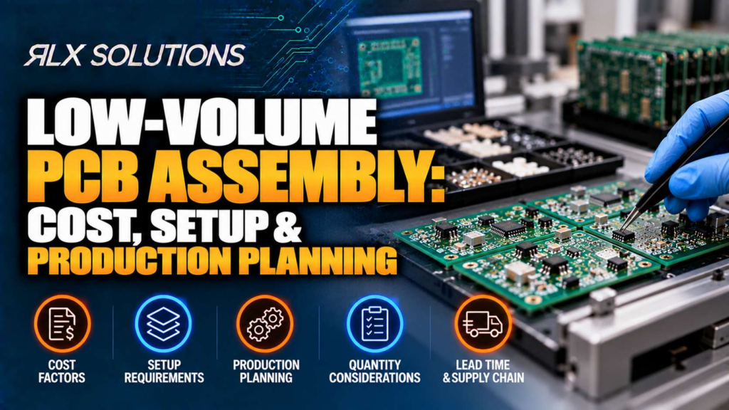 RLX Solutions cover graphic for Low-Volume PCB Assembly: Cost, Setup & Production Planning, showing printed circuit board imagery