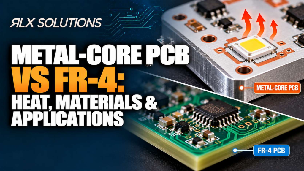 RLX Solutions cover graphic for Metal-Core PCB vs FR-4: Heat, Materials & Applications, showing printed circuit board imagery