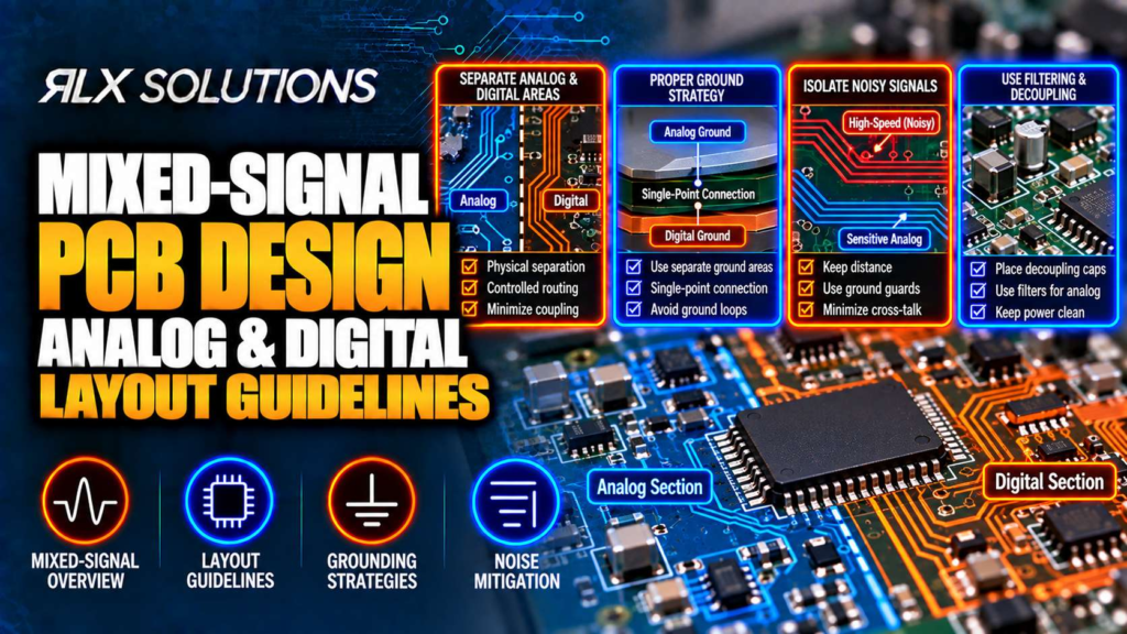 RLX Solutions cover graphic for Mixed-Signal PCB Design: Analog & Digital Layout Guidelines, showing printed circuit board imagery