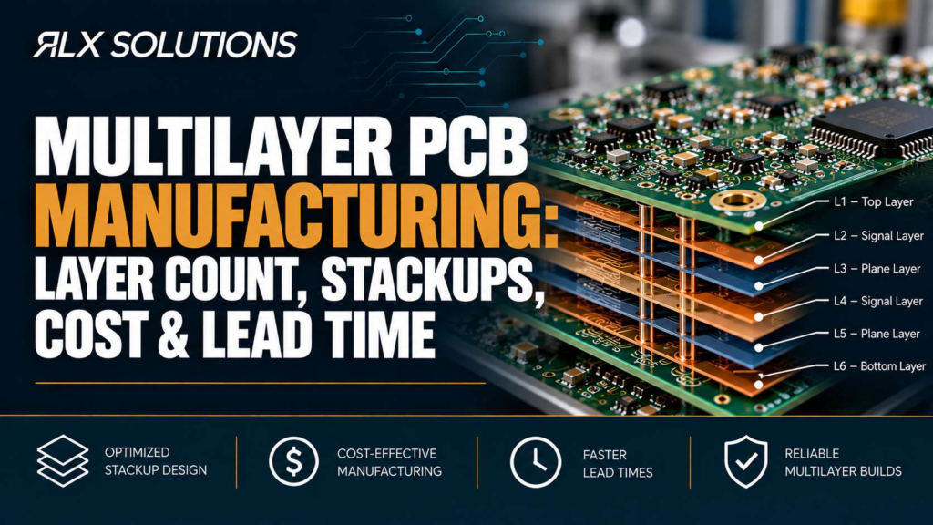 RLX Solutions cover graphic for Multilayer PCB Manufacturing: Layer Count, Stackups, Cost & Lead Time, showing printed circuit board imagery