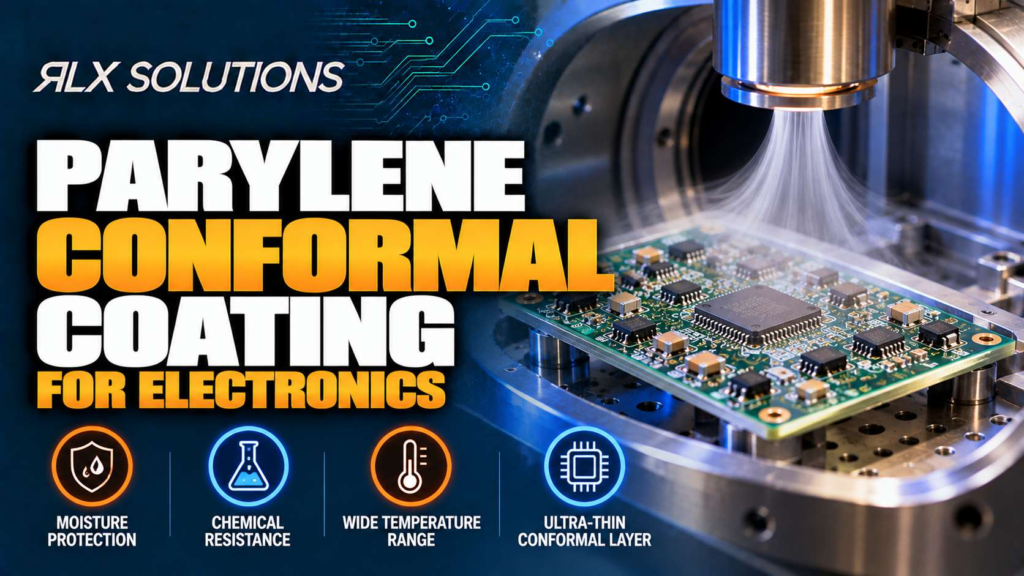 RLX Solutions cover graphic for Parylene Conformal Coating for Electronics, showing printed circuit board imagery