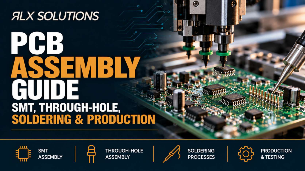 RLX Solutions cover graphic for PCB Assembly Guide: SMT, Through-Hole, Soldering & Production, showing printed circuit board imagery