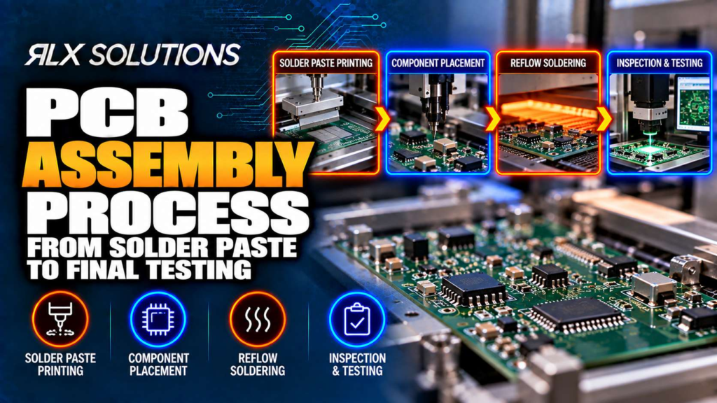 RLX Solutions cover graphic for PCB Assembly Process: From Solder Paste to Final Testing, showing printed circuit board imagery