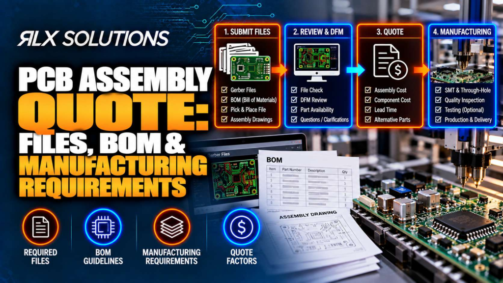 RLX Solutions cover graphic for PCB Assembly Quote: Files, BOM & Manufacturing Requirements, showing printed circuit board imagery