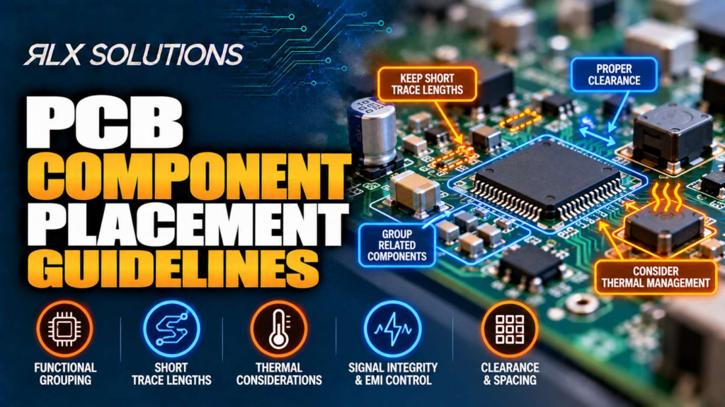 RLX Solutions cover graphic for PCB Component Placement Guidelines for Reliable Assembly, showing printed circuit board imagery