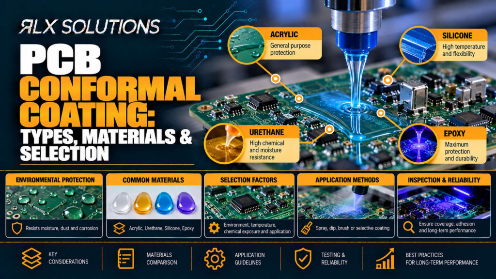RLX Solutions cover graphic for PCB Conformal Coating: Types, Materials & Selection, showing printed circuit board imagery