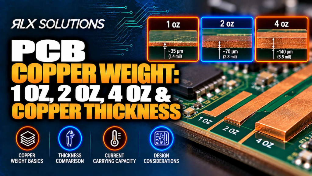 RLX Solutions cover graphic for PCB Copper Weight: 1 oz, 2 oz, 4 oz & Copper Thickness, showing printed circuit board imagery