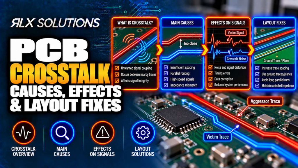 RLX Solutions cover graphic for PCB Crosstalk: Causes, Effects & Layout Fixes, showing printed circuit board imagery