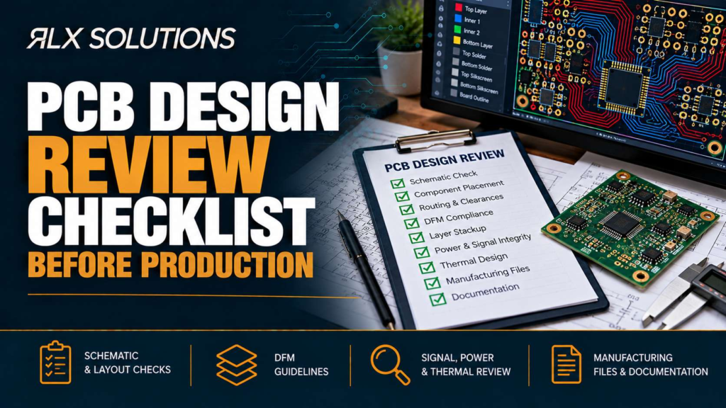 RLX Solutions cover graphic for PCB Design Review Checklist Before Production, showing printed circuit board imagery