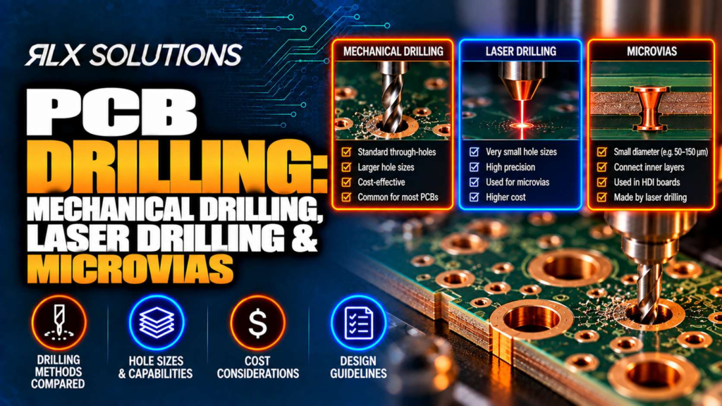 RLX Solutions cover graphic for PCB Drilling: Mechanical Drilling, Laser Drilling & Microvias, showing printed circuit board imagery