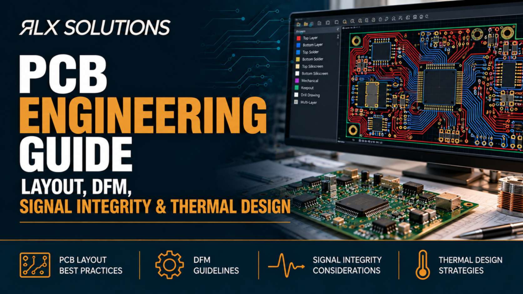 RLX Solutions cover graphic for PCB Engineering Guide: Layout, DFM, Signal Integrity & Thermal Design, showing printed circuit board imagery