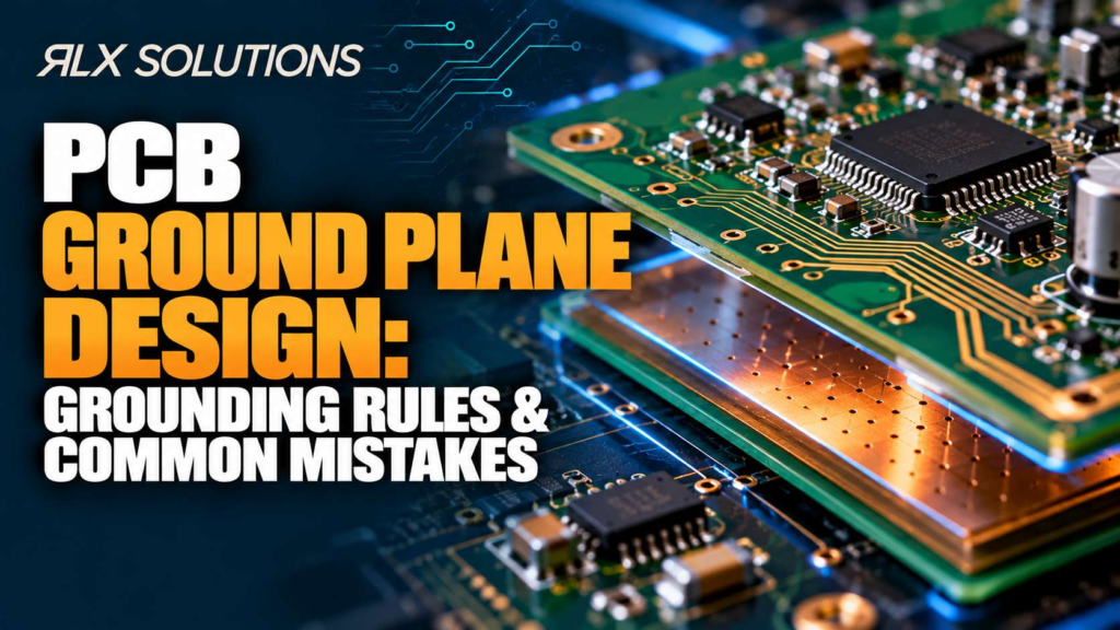 RLX Solutions cover graphic for PCB Ground Plane Design: Grounding Rules & Common Mistakes, showing printed circuit board imagery