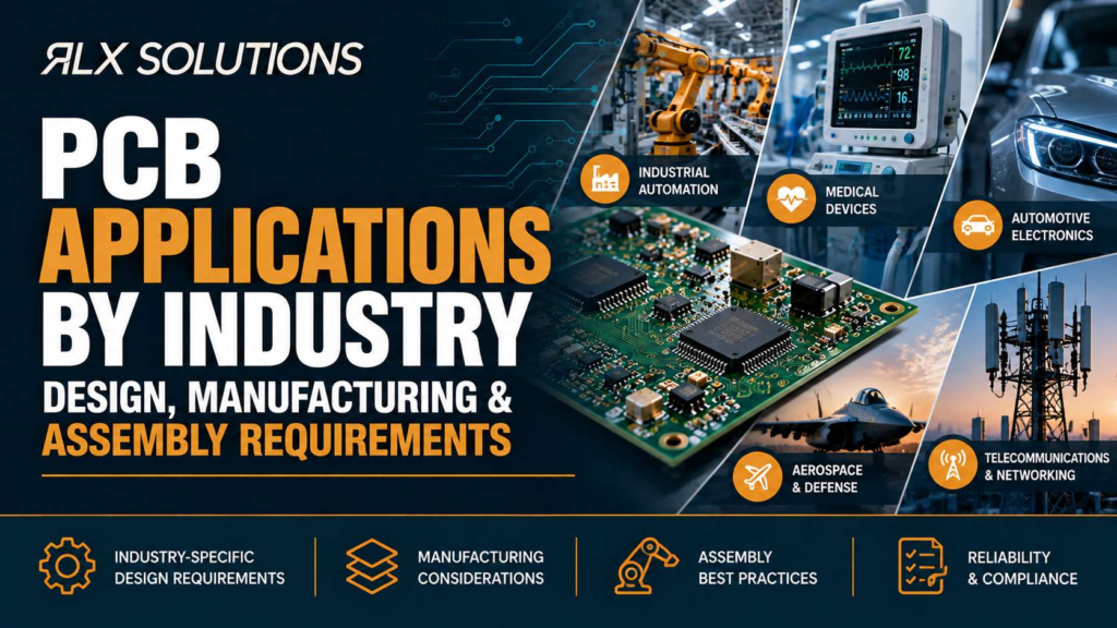 RLX Solutions cover graphic for PCB Applications by Industry: Design, Manufacturing & Assembly Requirements, showing printed circuit board imagery